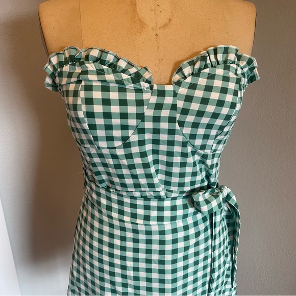SHEIN- SZ M Green White VCAY Buffalo Plaid Frill Trim Wrap Knot Side Tube Dress - Picture 4 of 7
